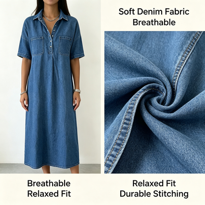 Loose Fit Collared Denim Midi Dress | Casual Pocket Shirt Dress