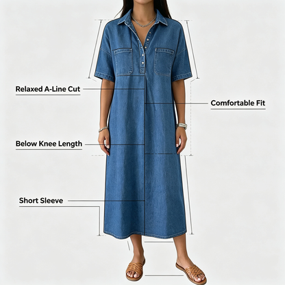 Loose Fit Collared Denim Midi Dress | Casual Pocket Shirt Dress