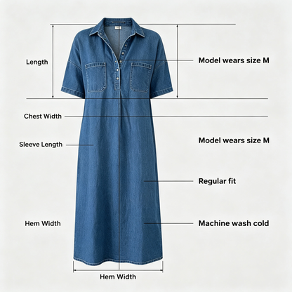 Loose Fit Collared Denim Midi Dress | Casual Pocket Shirt Dress