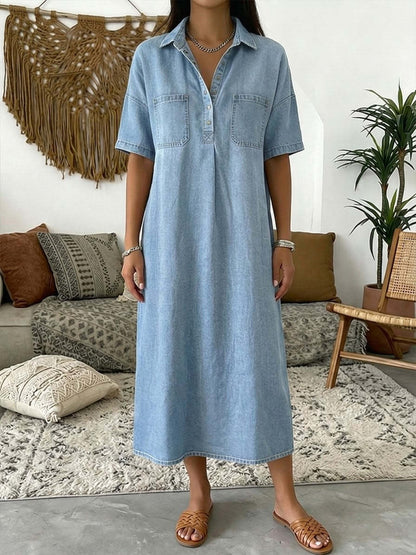 Loose Fit Collared Denim Midi Dress | Casual Pocket Shirt Dress